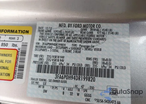2013 Ford Fusion Se z USA, uszkodzony, nr VIN 3FA6P0H94DR199820
